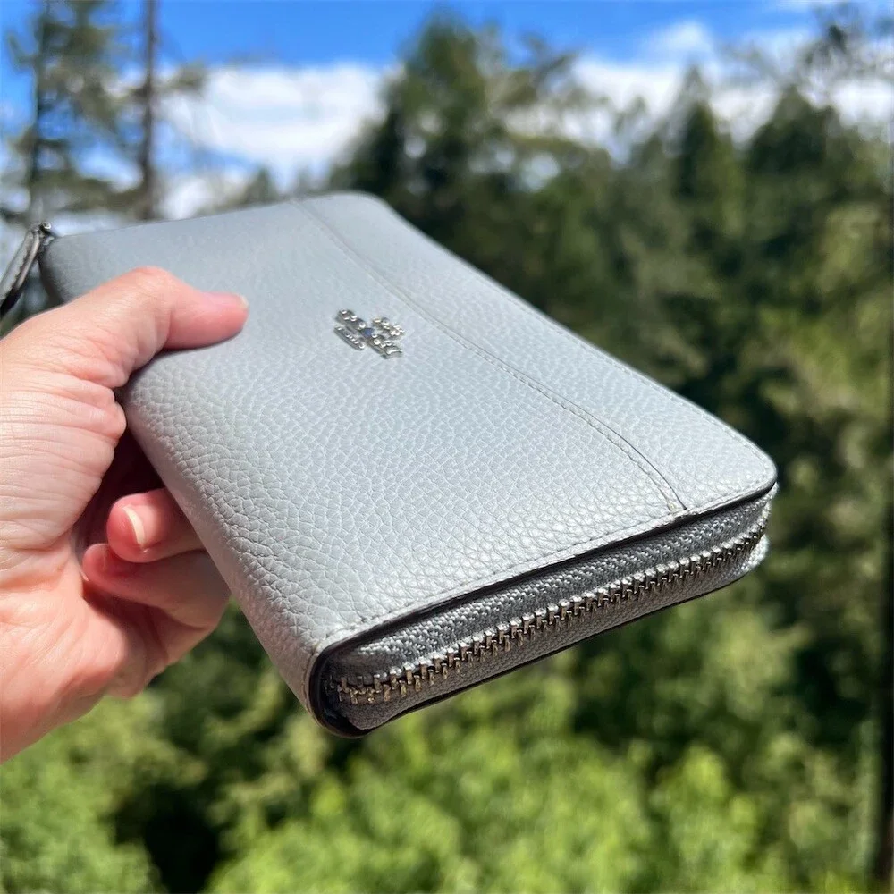 COACH Long Zip-Around Wallet Blue/Gray Pebble Leather Wallet Silver Hardware